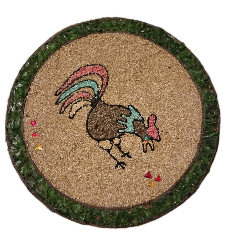 Vintage Upcycled Broken Glass & Pebble Art Picture Handmade Chicken Hen Kitsch